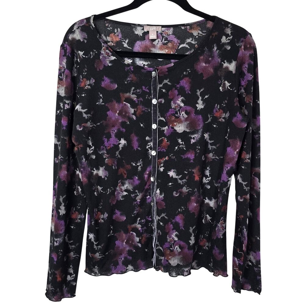 J Jill Y2K Top Women's M Purple Black Floral Velvet Trim Whimsigoth Romantic